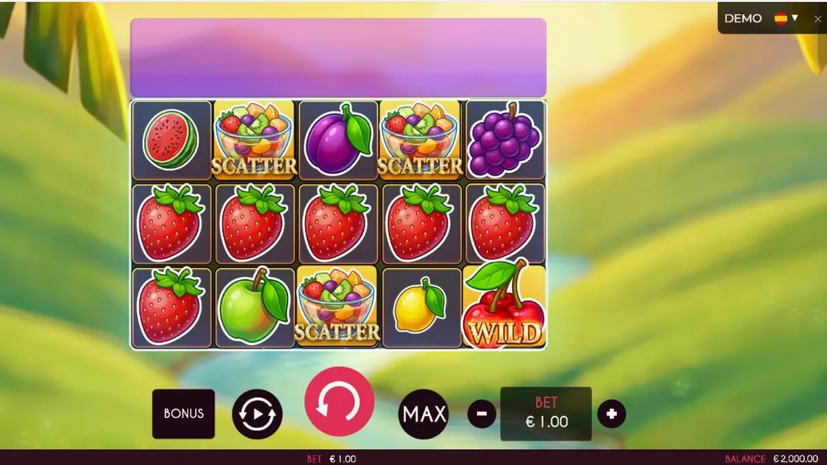 Tampilan visual slot Fruits Madness dengan simbol buah-buahan cerah dan latar belakang karnaval.