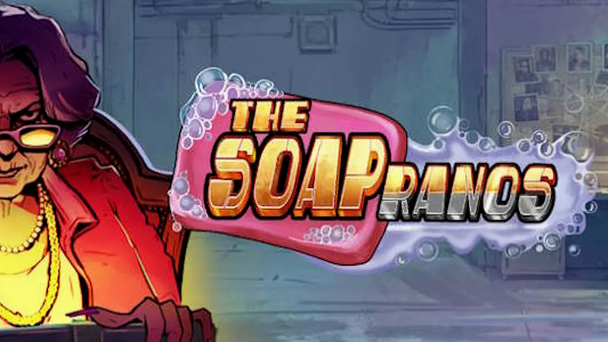 Tampilan visual permainan slot Soapranos yang menampilkan nuansa neon dan mekanik kaskade